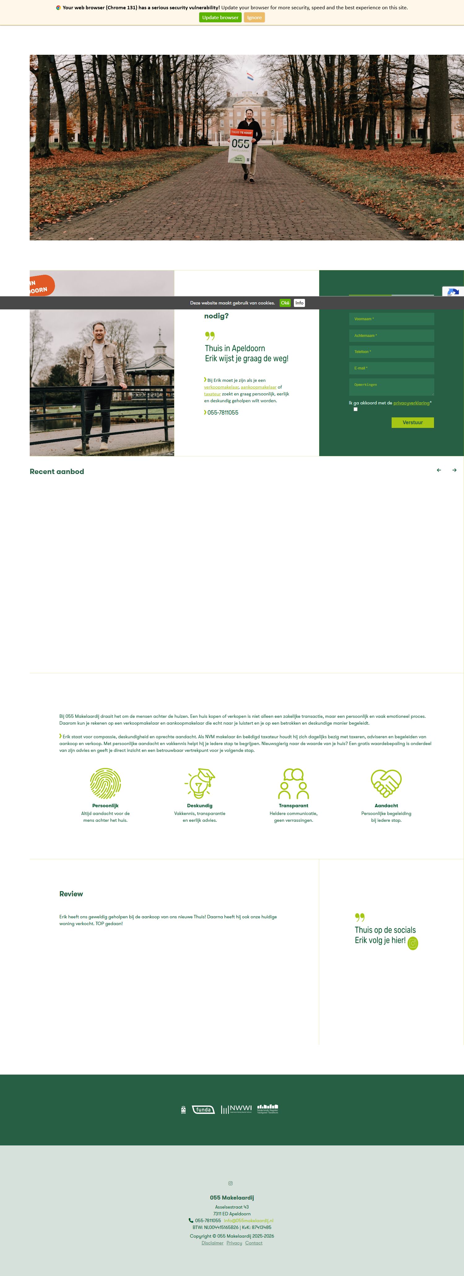 Screenshot of the website of www.055makelaardij.nl