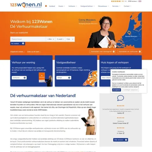 Screenshot of the website of www.123wonen.nl