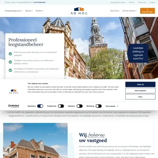 Screenshot van de website van www.adhocbeheer.nl