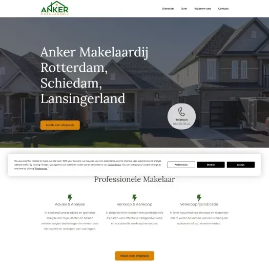 Screenshot of the website of www.ankermakelaardij.nl