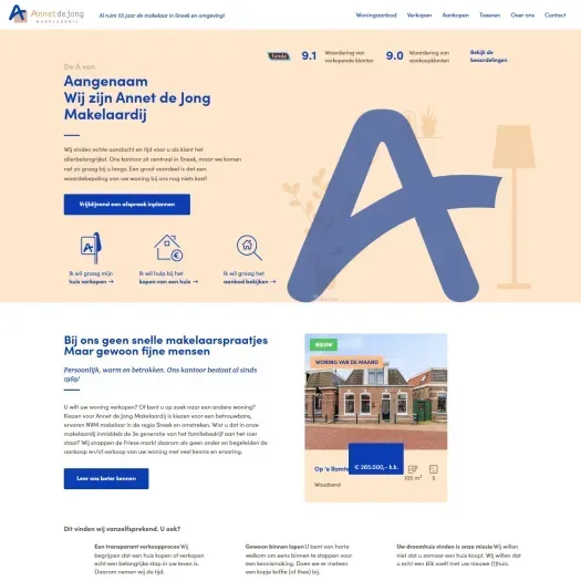 Screenshot van de website van www.annetdejongmakelaardij.nl