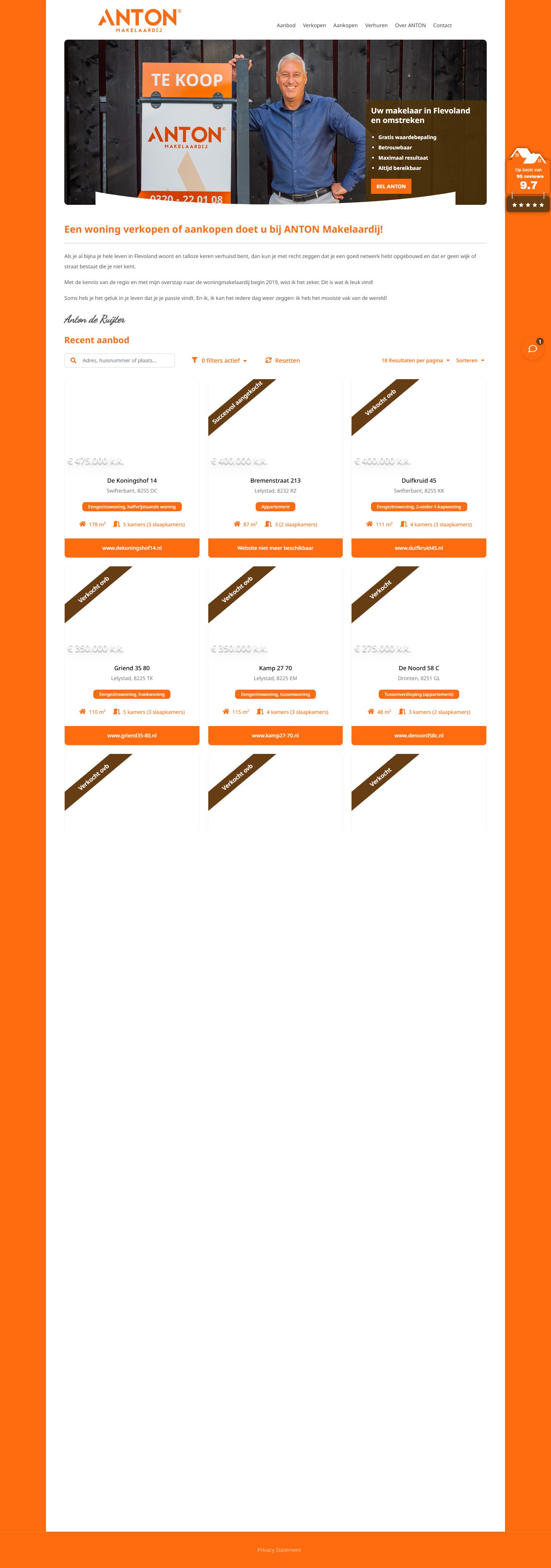 Screenshot of the website of www.antonmakelaardij.nl