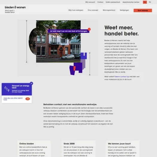 Screenshot of the website of www.biedenenwonen.nl