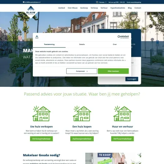 Screenshot of the website of www.blauwmakelaars.nl