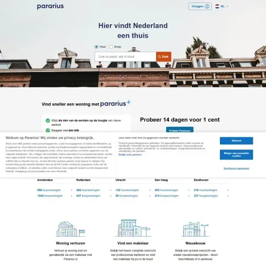 Screenshot van de website van www.pararius.nl