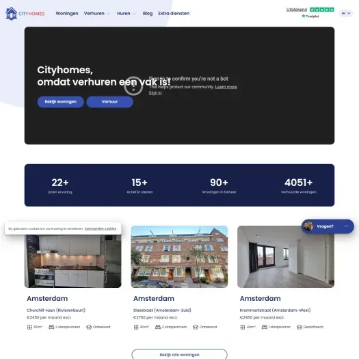 Screenshot van de website van www.cityhomes.nl