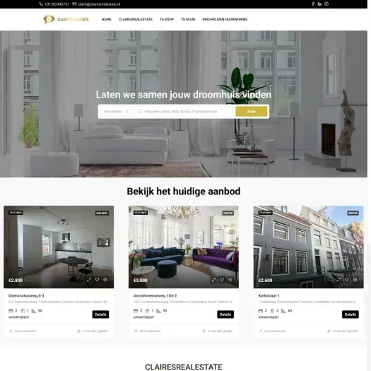 Screenshot van de website van clairesrealestate.nl
