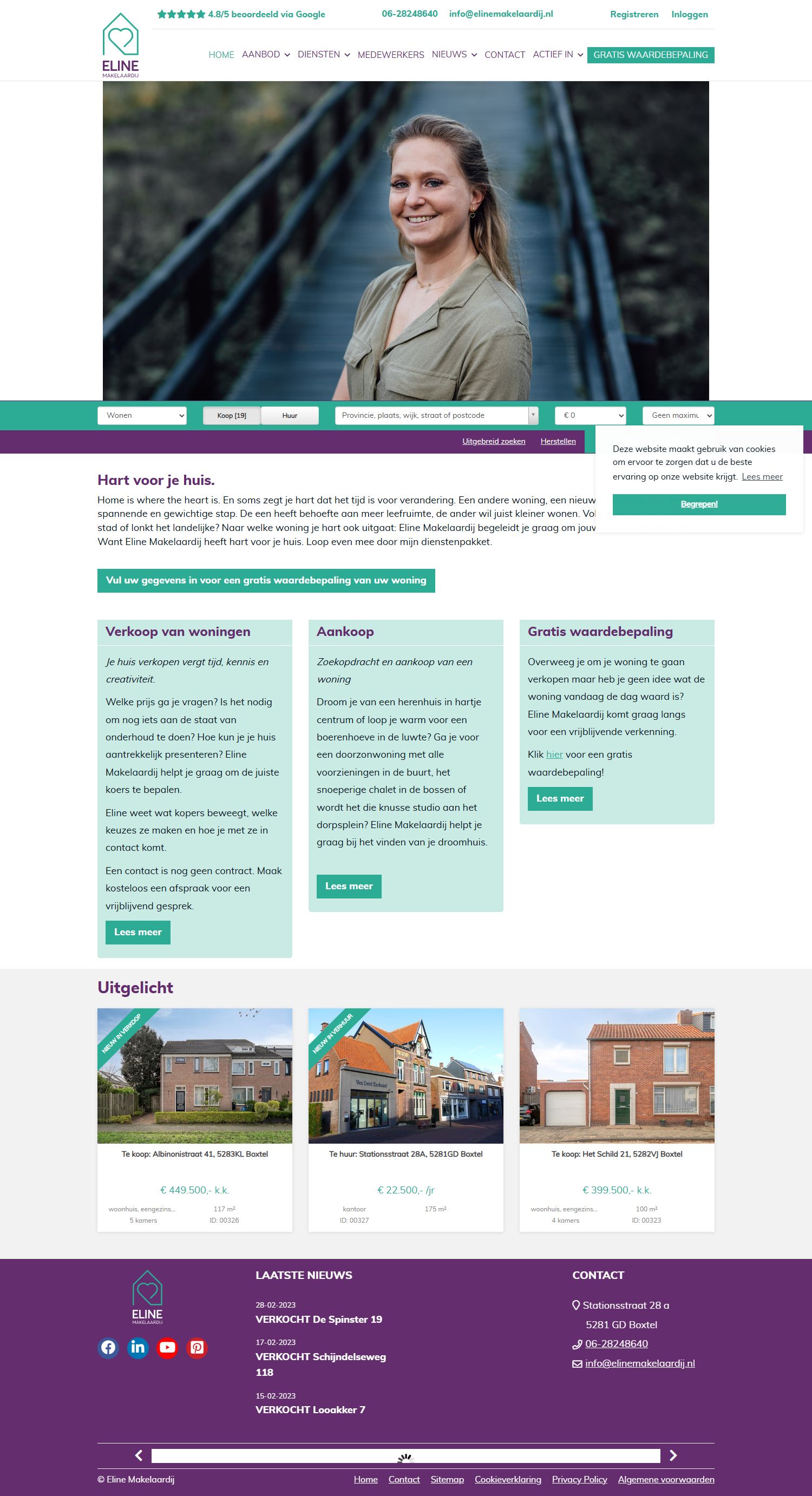 Screenshot of the website of www.elinemakelaardij.nl