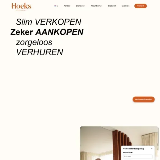 Screenshot van de website van www.hoeksmakelaardij.nl