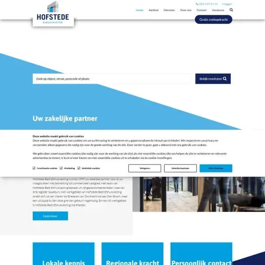 Screenshot van de website van www.hofstedebedrijfshuisvesting.nl