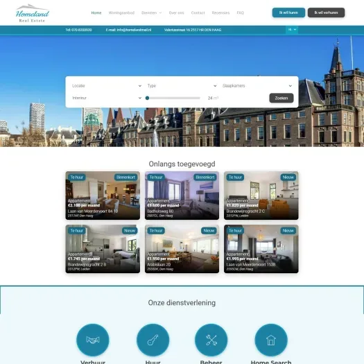 Screenshot van de website van www.homelandrealestate.nl