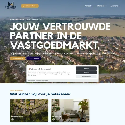 Screenshot van de website van huisenzekermakelaardij.nl