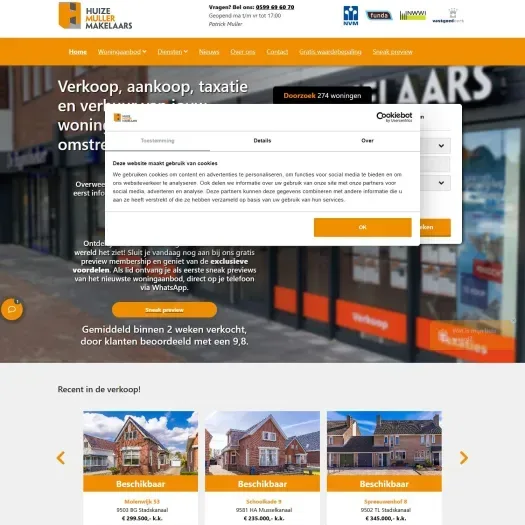 Screenshot of the website of www.huizemuller.nl