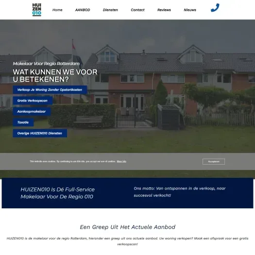 Screenshot van de website van www.huizen010.nl