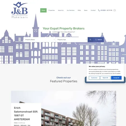 Screenshot van de website van www.jbmakelaars.nl