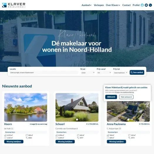 Screenshot van de website van www.klavermakelaardij.nl