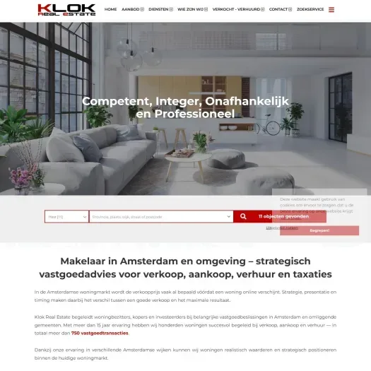 Screenshot van de website van www.klokrealestate.nl