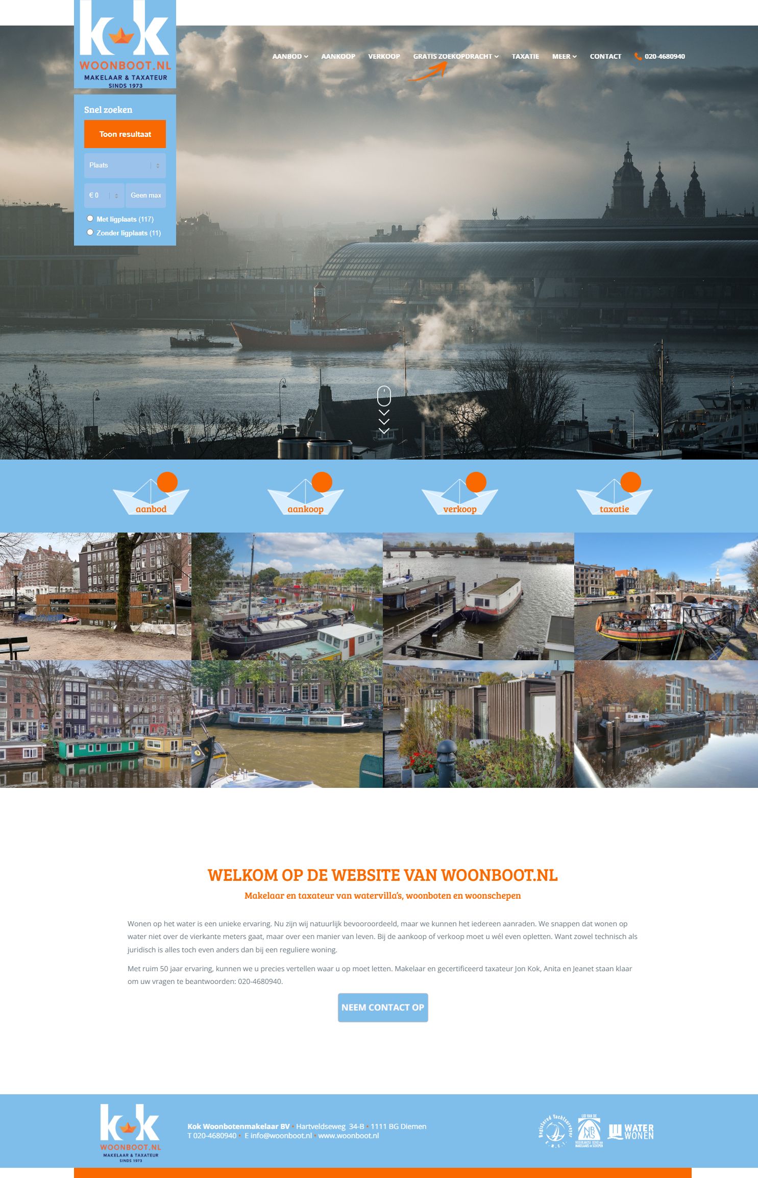 Screenshot of the website of www.woonboot.nl
