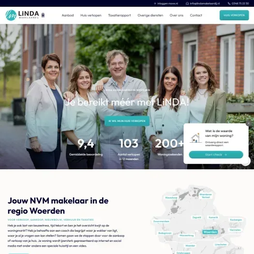 Screenshot of the website of www.lindamakelaardij.nl