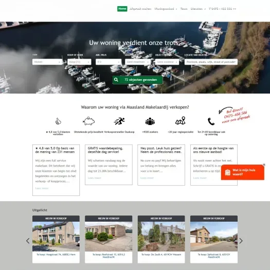 Screenshot van de website van www.maaslandmakelaardij.nl