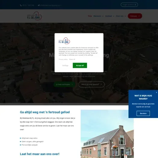 Screenshot van de website van www.makelaardijpjdejong.nl