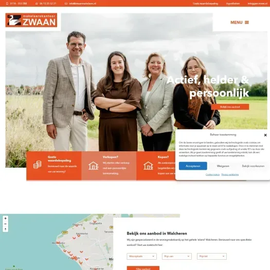 Screenshot van de website van www.zwaanmakelaars.nl
