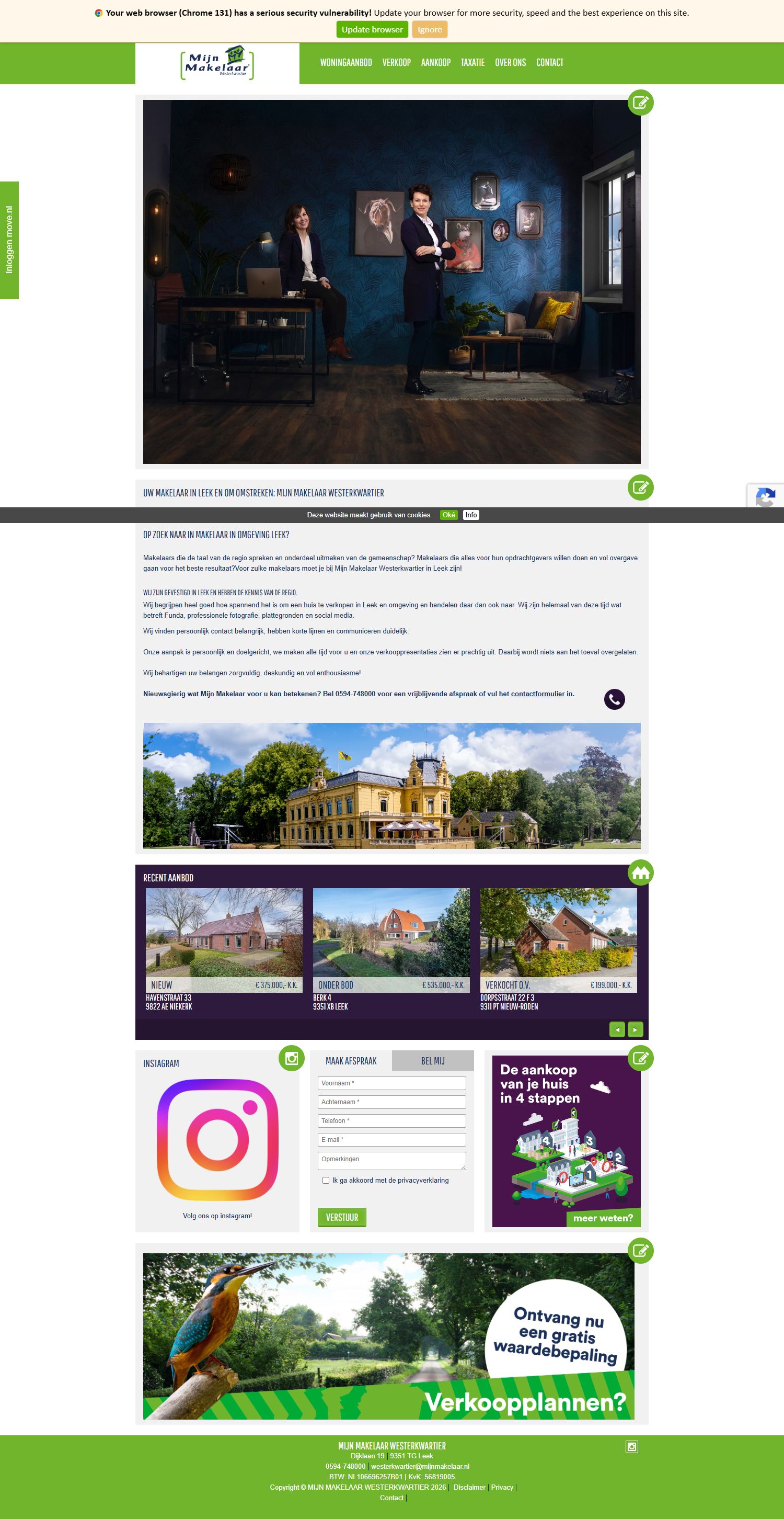 Screenshot of the website of www.mijnmakelaarwesterkwartier.nl