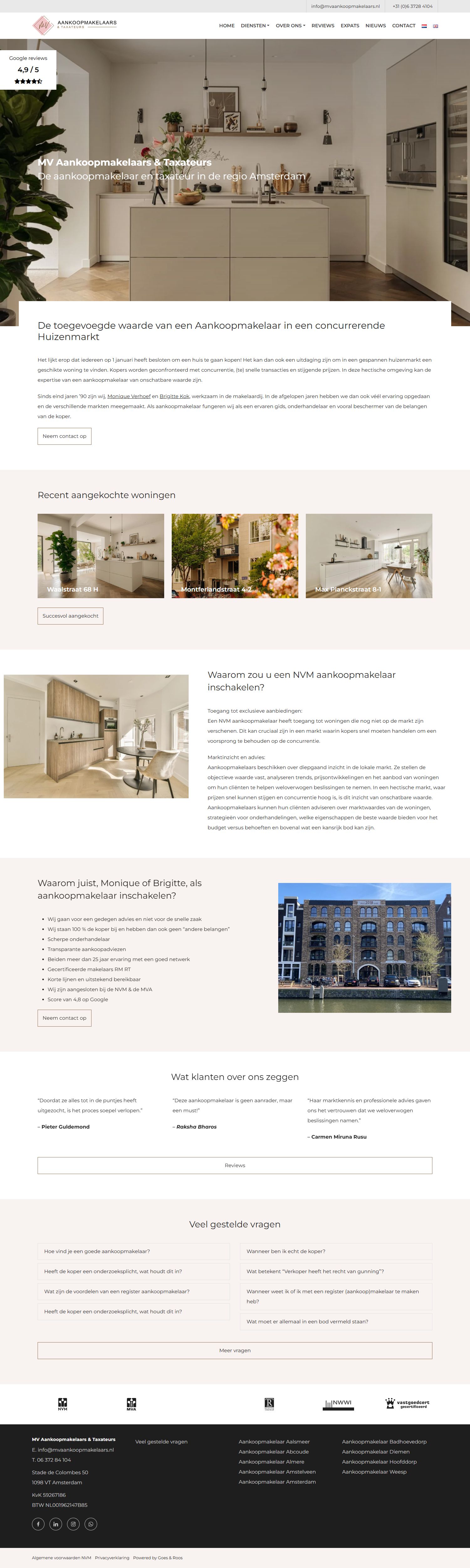Screenshot of the website of www.mvaankoopmakelaarsamsterdam.nl