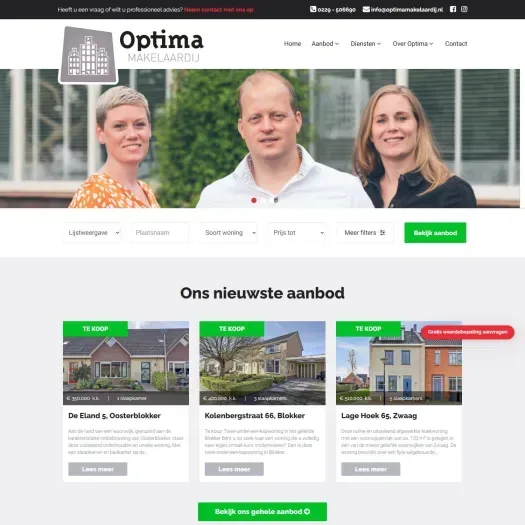 Screenshot van de website van www.optimamakelaardij.nl