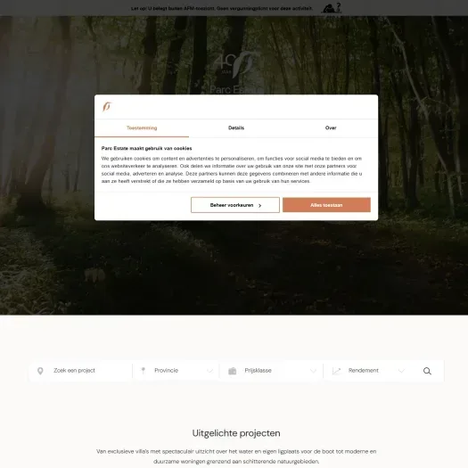 Screenshot van de website van www.parcestate.com