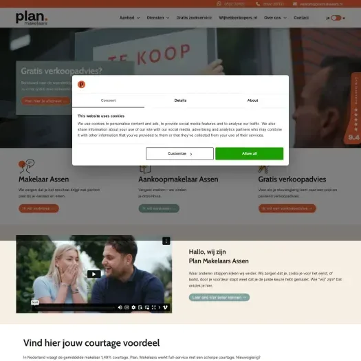 Screenshot of the website of www.planmakelaarsassen.nl