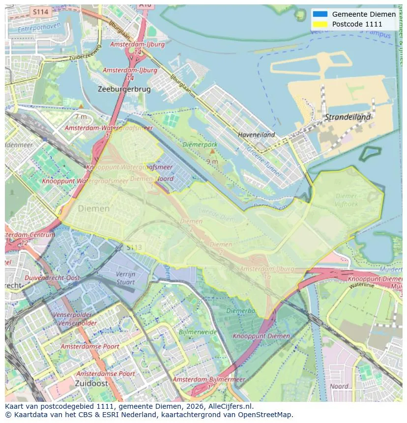 Postcodekaart voor 1111