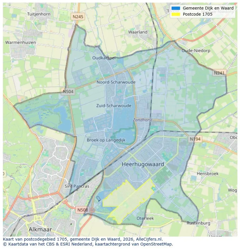 Postcodekaart voor 1705