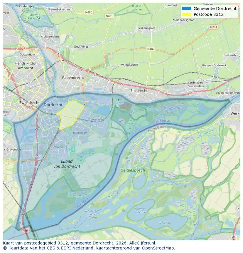 Postcodekaart voor 3312