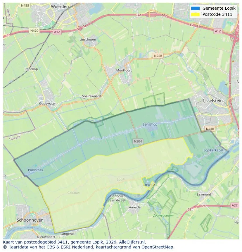 Postcodekaart voor 3411
