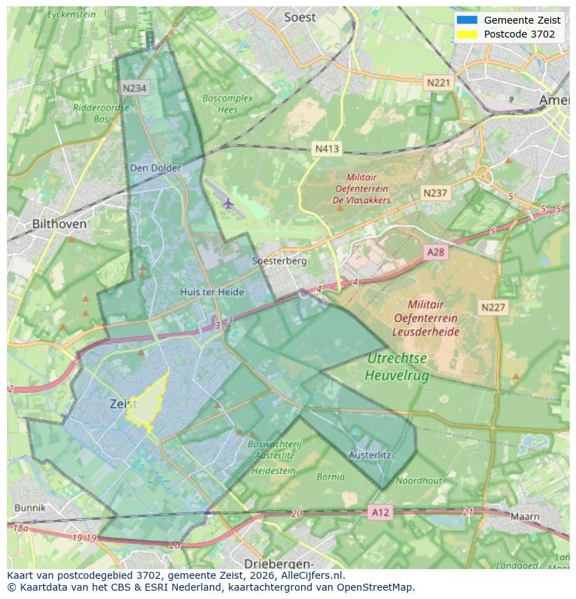Postcodekaart voor 3702