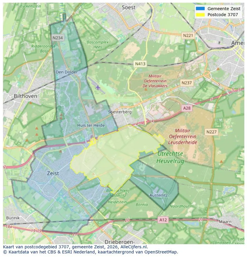 Postcodekaart voor 3707