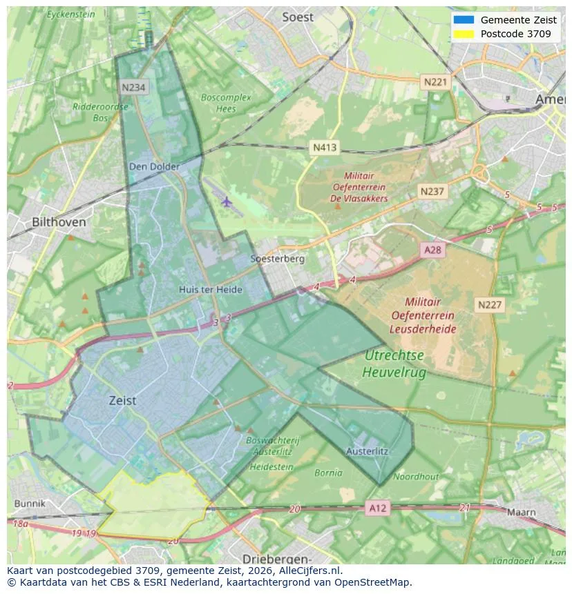 Postcodekaart voor 3709