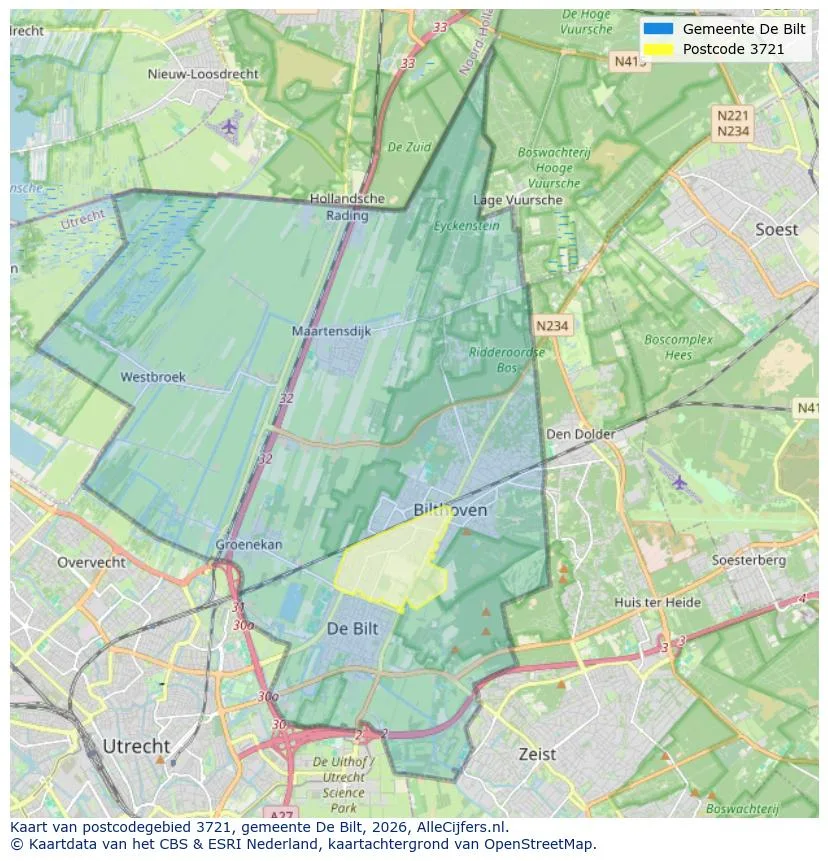 Postcodekaart voor 3721