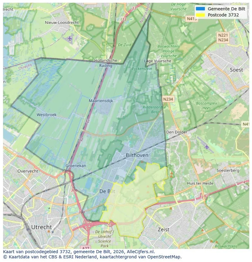 Postcodekaart voor 3732