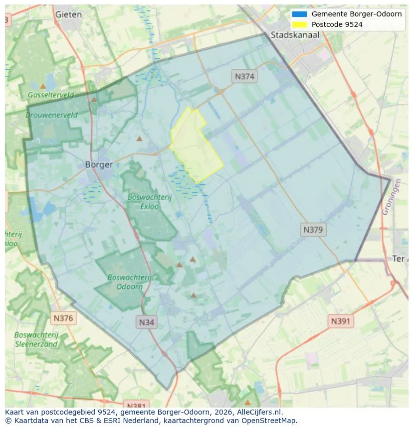 Postcodekaart voor 9524
