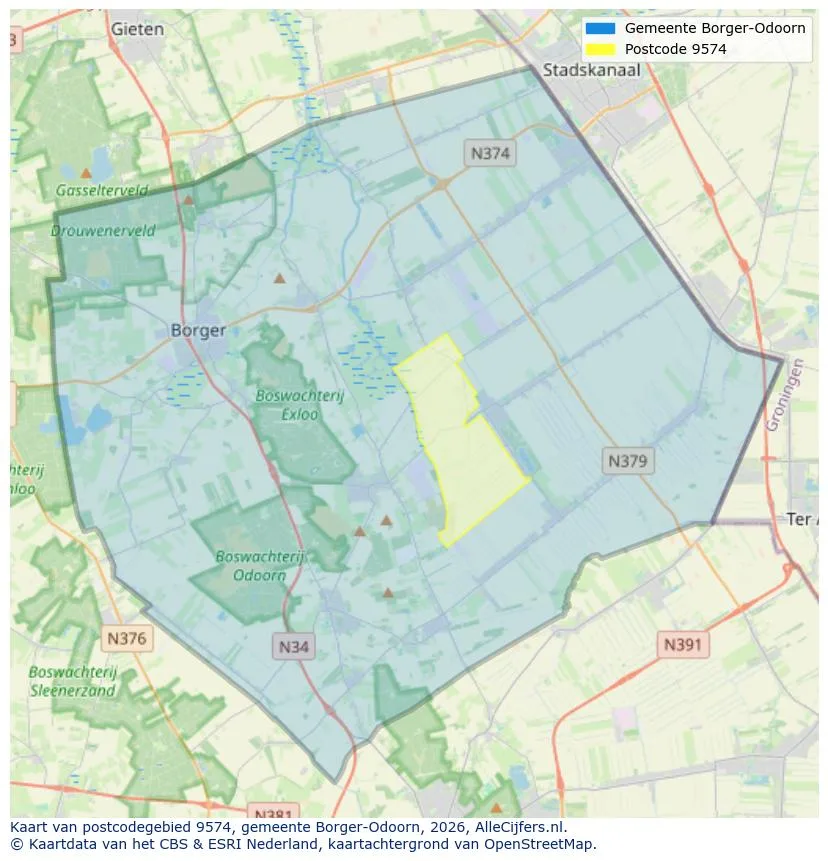 Postcodekaart voor 9574