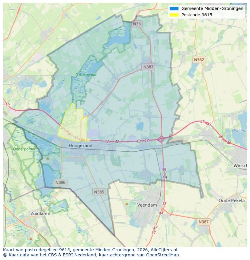 Postcodekaart voor 9615
