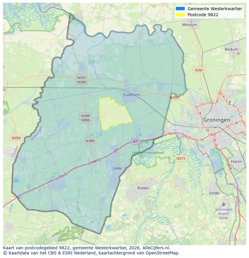 Postcodekaart voor 9822