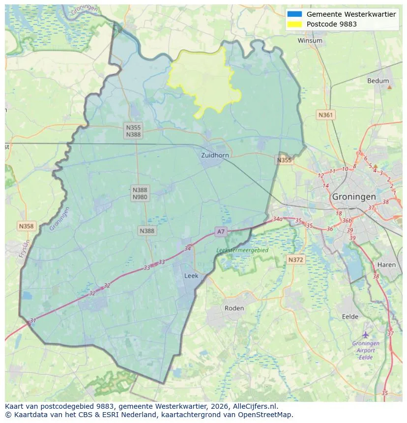 Postcodekaart voor 9883