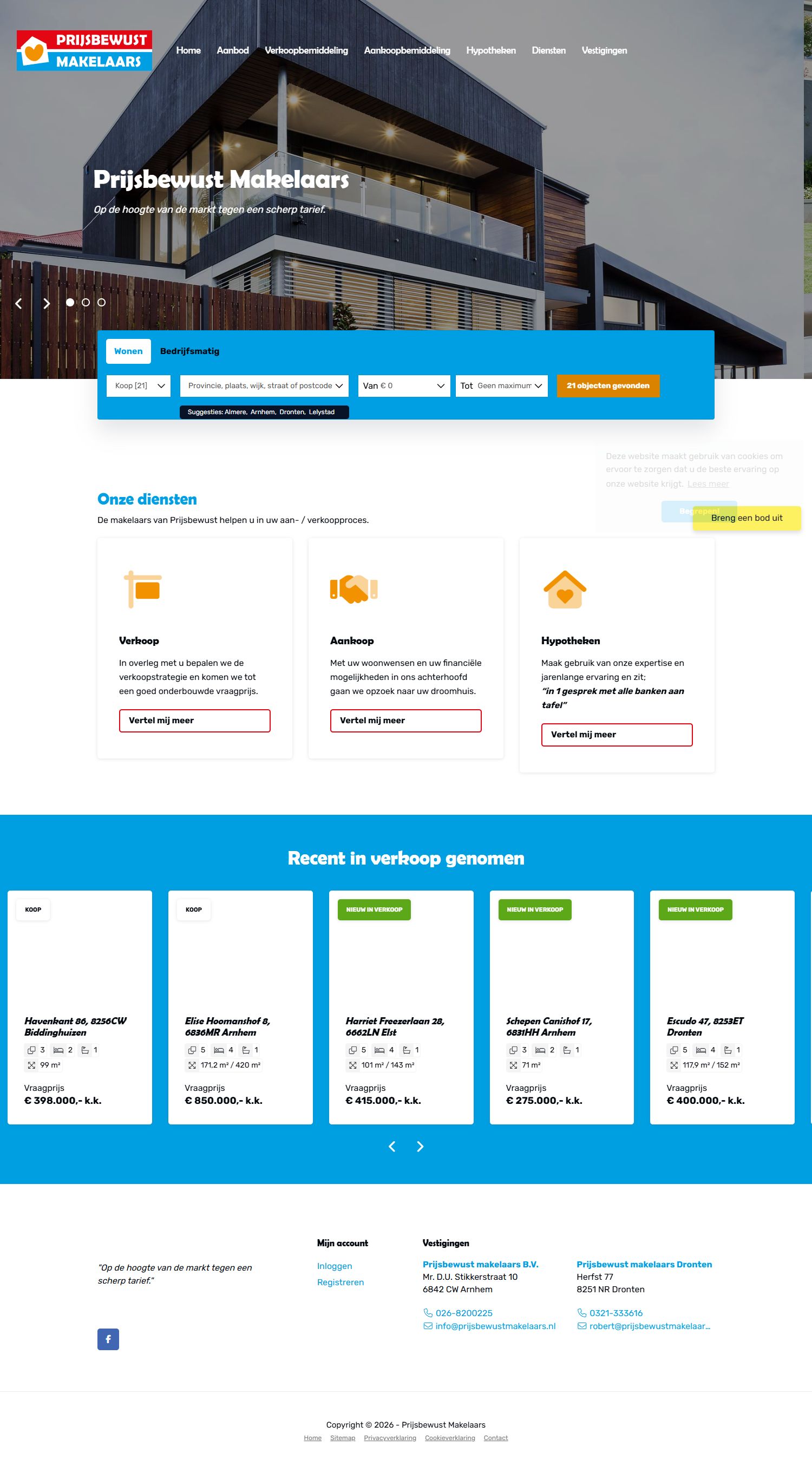 Screenshot of the website of www.prijsbewustmakelaars.nl