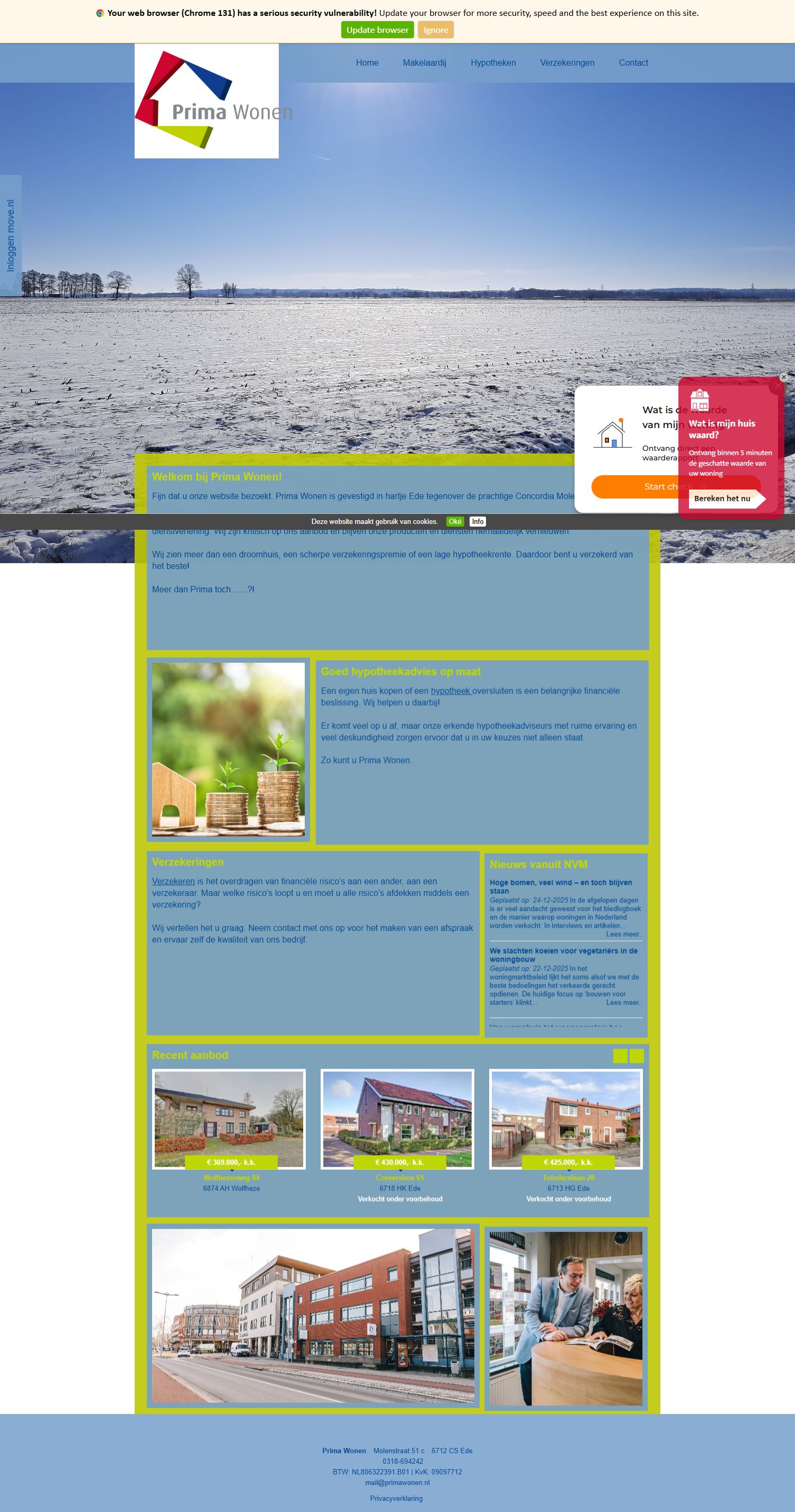 Screenshot of the website of www.primawonen.nl