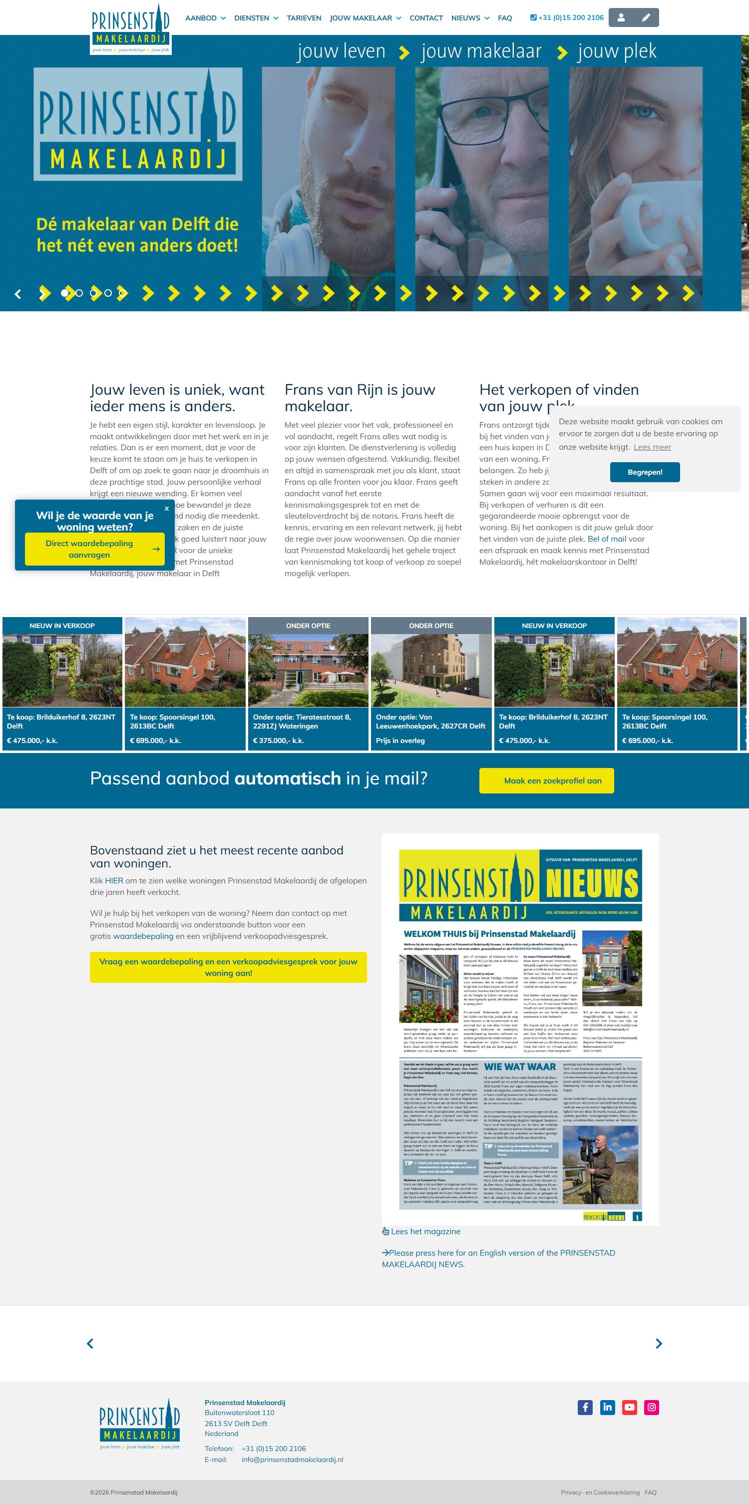 Screenshot of the website of www.prinsenstadmakelaardij.nl