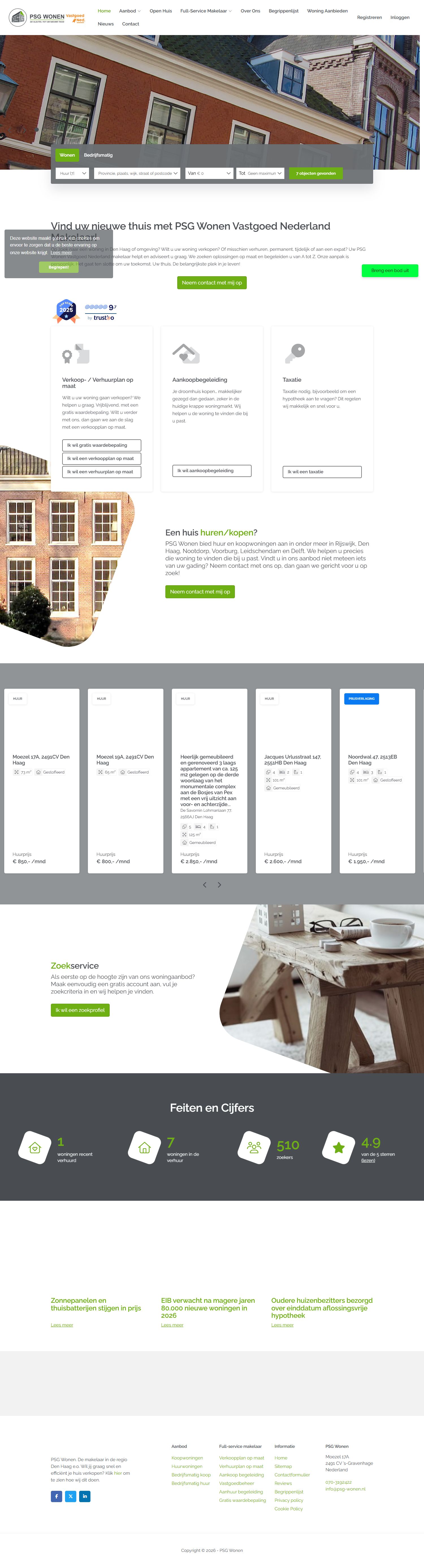 Screenshot of the website of www.psg-wonen.nl