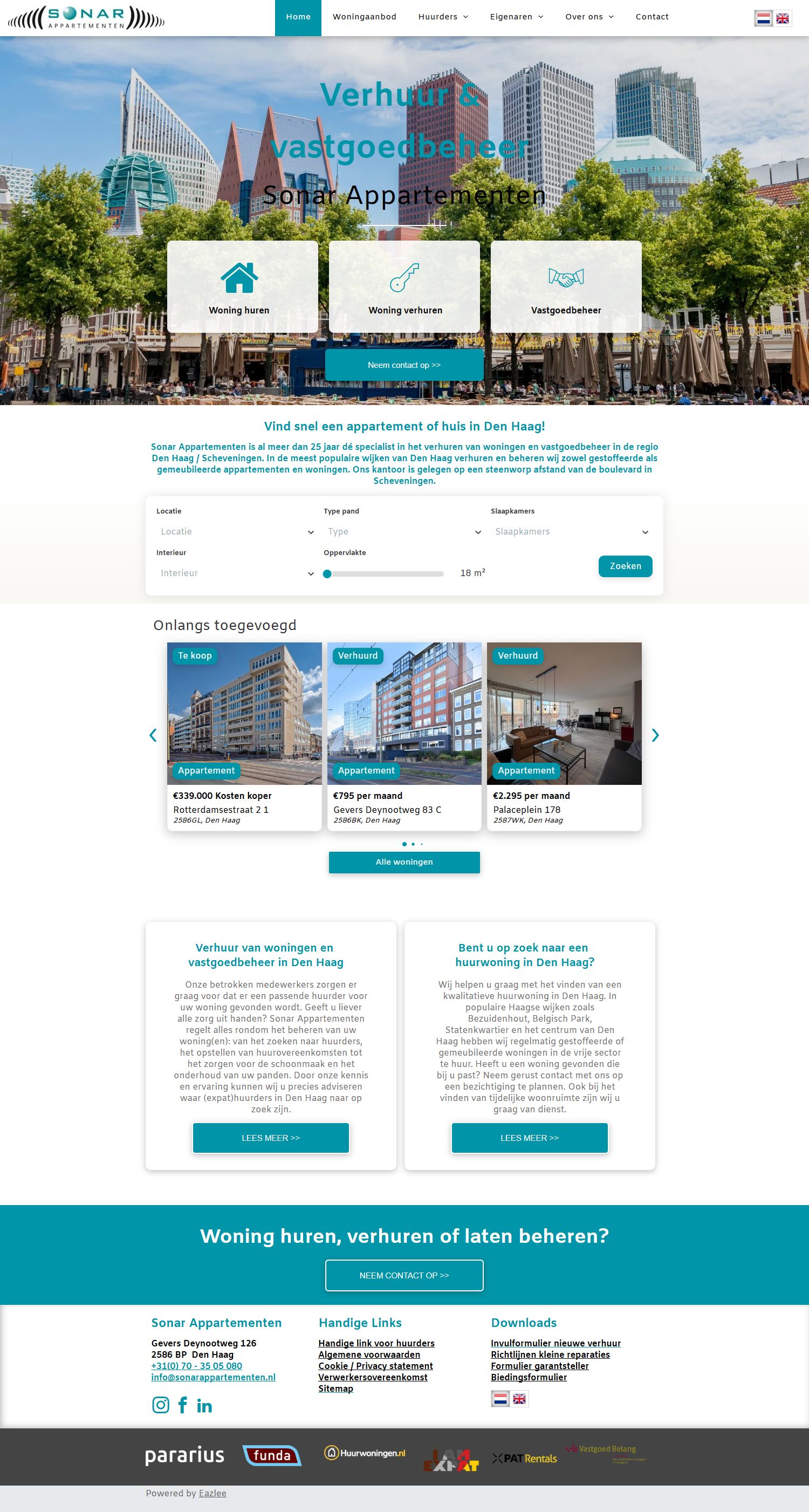 Screenshot of the website of www.sonarappartementen.nl